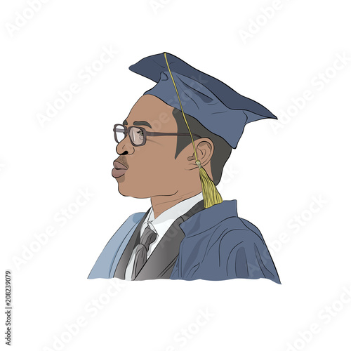 African-American graduate student wearing academic gown. Vector Illustration. 