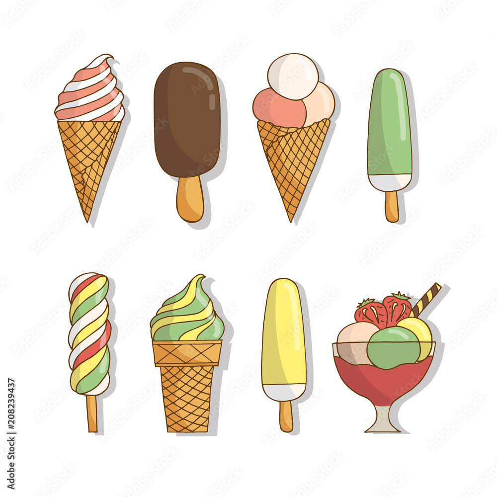 Set of colorful tasty isolated ice cream at a white background. Vector Illustration. Set of colorful tasty isolated ice cream at a white background. Vector Illustration.