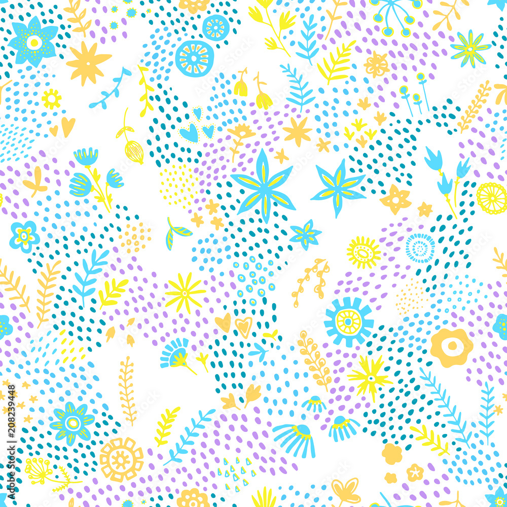 Seamless summer print. Abstract background of trees and flowers in a doodle style. Handmade. Prints for textiles.