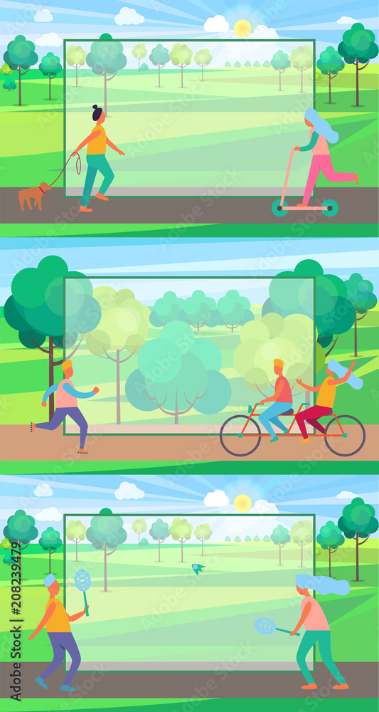 Set of Posters with People Doing Sport in Park