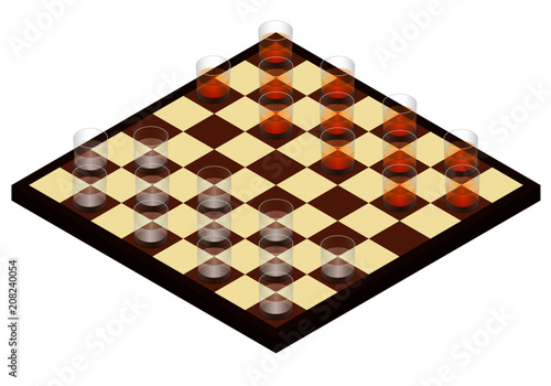 Chessboard and glasses with alcohol instead of pieces. Alcohol game in isometric, vector.