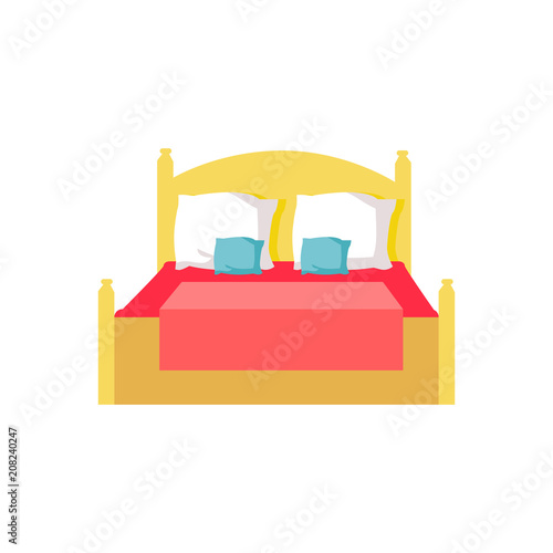 Bed with Red Blanket, Pillows Vector Illustration