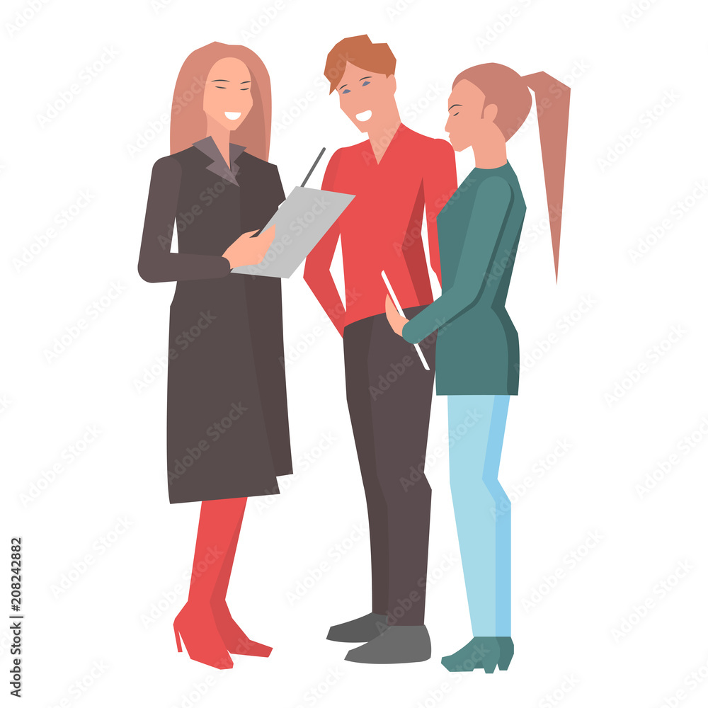 Two Women and Man Standing and Holding Reports Two Women and Man Standing and Holding Reports