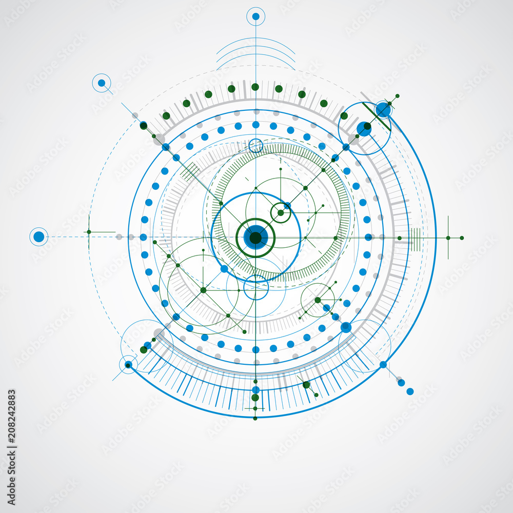 Technical plan, abstract engineering draft for use in graphic and web design. Colorful vector drawing of industrial system created with mechanical parts and circles. Technical plan, abstract engineering draft for use in graphic and web design. Colorful vector drawing of industrial system created with mechanical parts and circles.