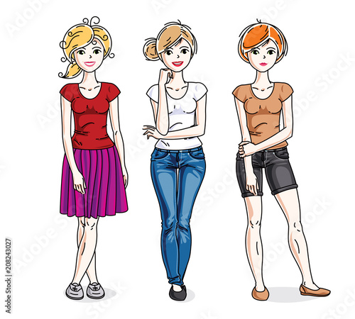 Happy young adult girls group standing wearing fashionable casual clothes. Vector people illustrations set.