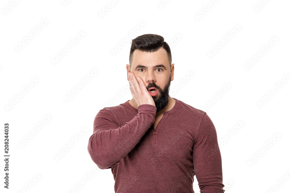 bearded football fan screaming on white background. bearded football fan screaming on white background.