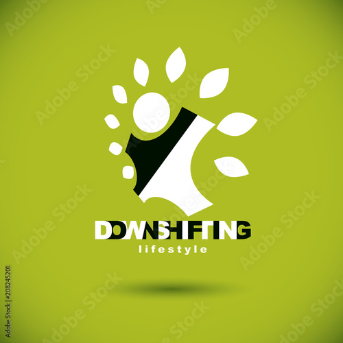 Vector illustration of excited abstract  man with raised reaching up. Downshifting concept logo. Wellness and harmony symbol. Wanderlust and countryside vacation icon.