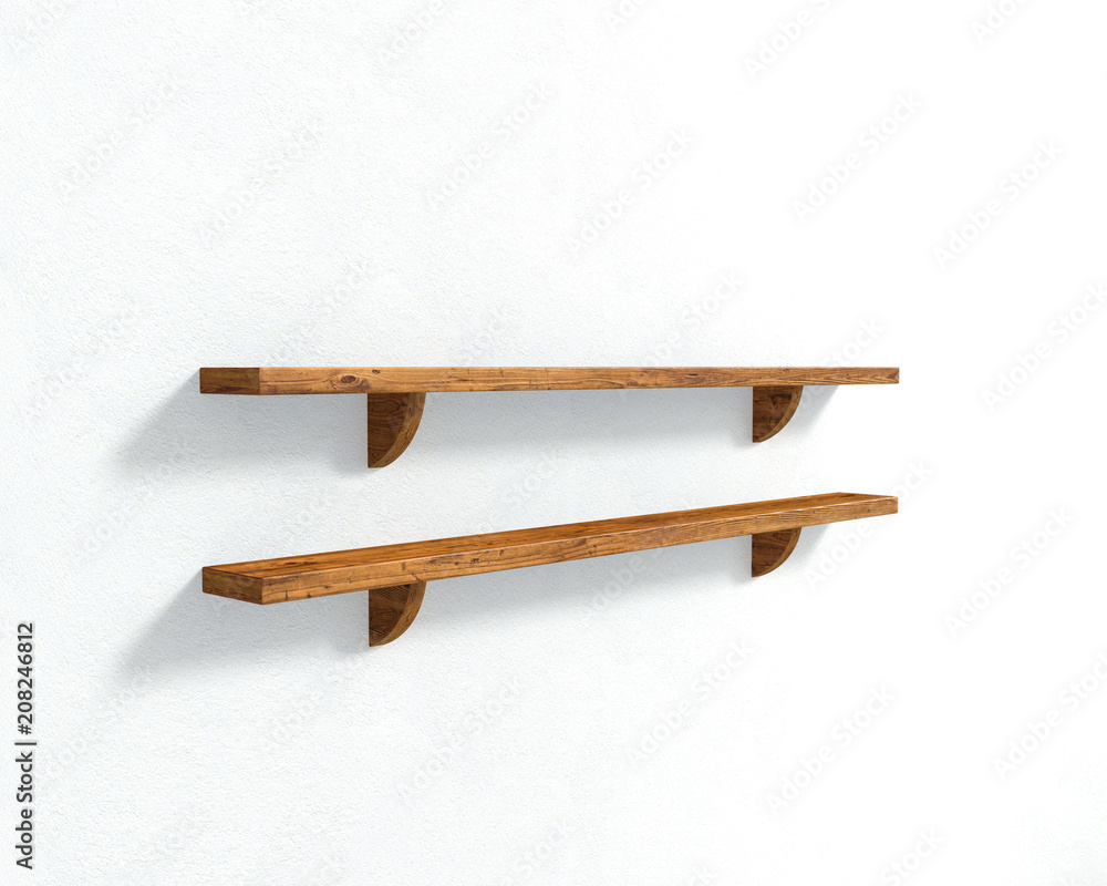 3D illustration - The white wall and two wooden shelves 3D illustration - The white wall and two wooden shelves