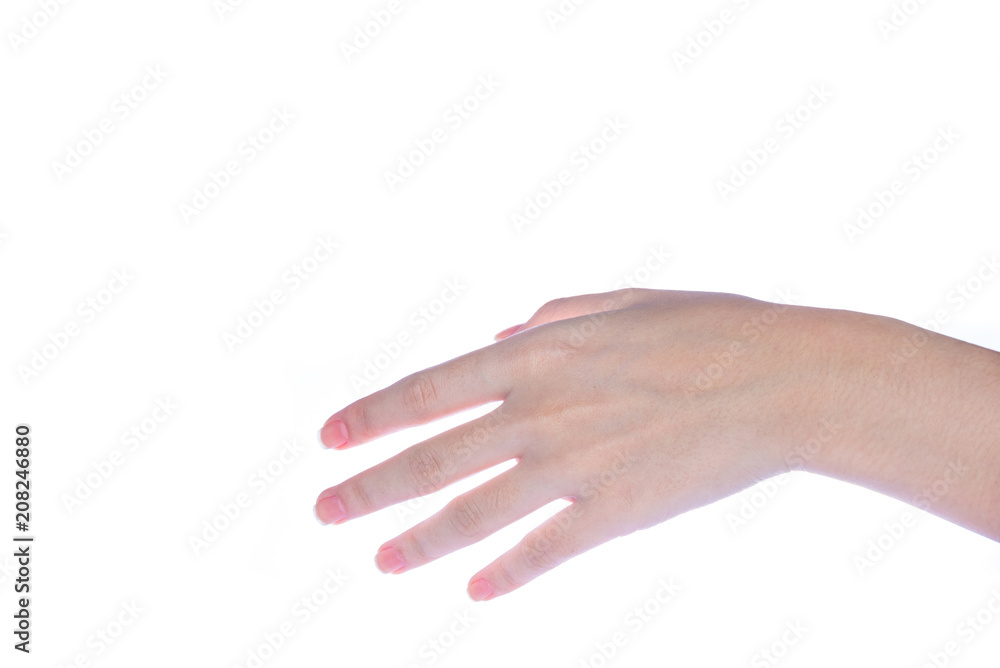 Open woman hand on white background