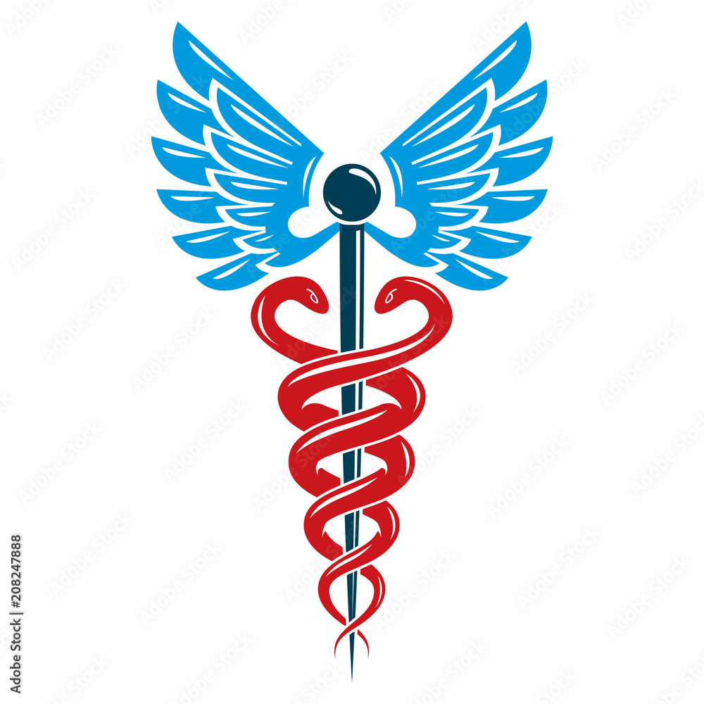 Aesculapius vector abstract emblem composed using wings and snakes best for used in pharmacy advertisement. Aesculapius vector abstract emblem composed using wings and snakes best for used in pharmacy advertisement.