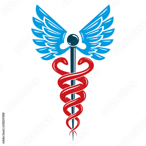 Aesculapius vector abstract emblem composed using wings and snakes best for used in pharmacy advertisement.