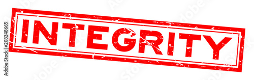 Grunge red integrity word square rubber seal stamp on white background