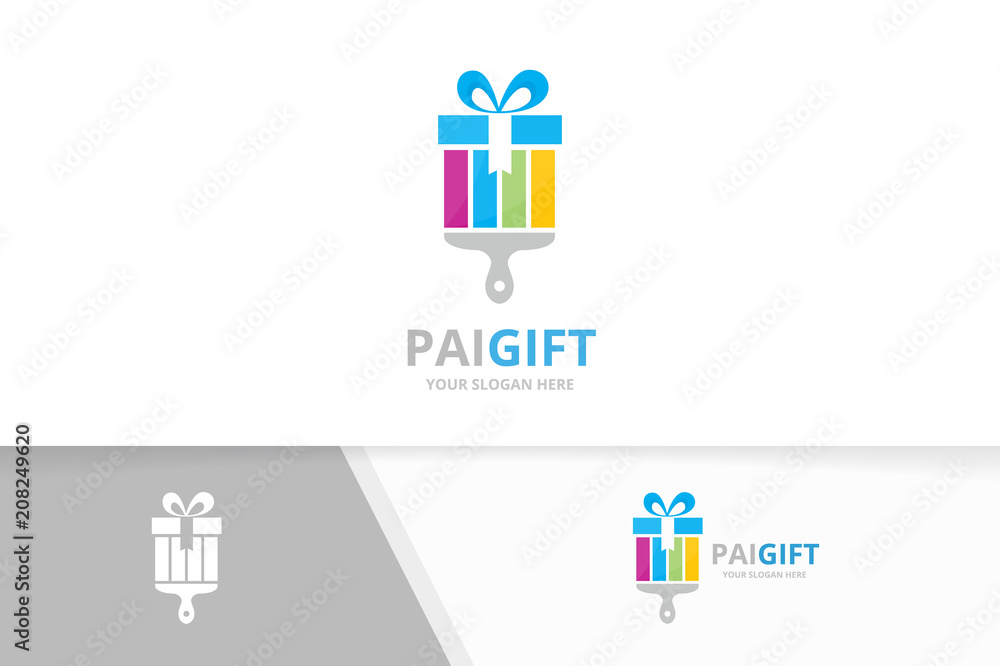 Vector gift and brush logo combination. Present and paintbrush symbol or icon. Unique surprise and print logotype design template. Vector gift and brush logo combination. Present and paintbrush symbol or icon. Unique surprise and print logotype design template.