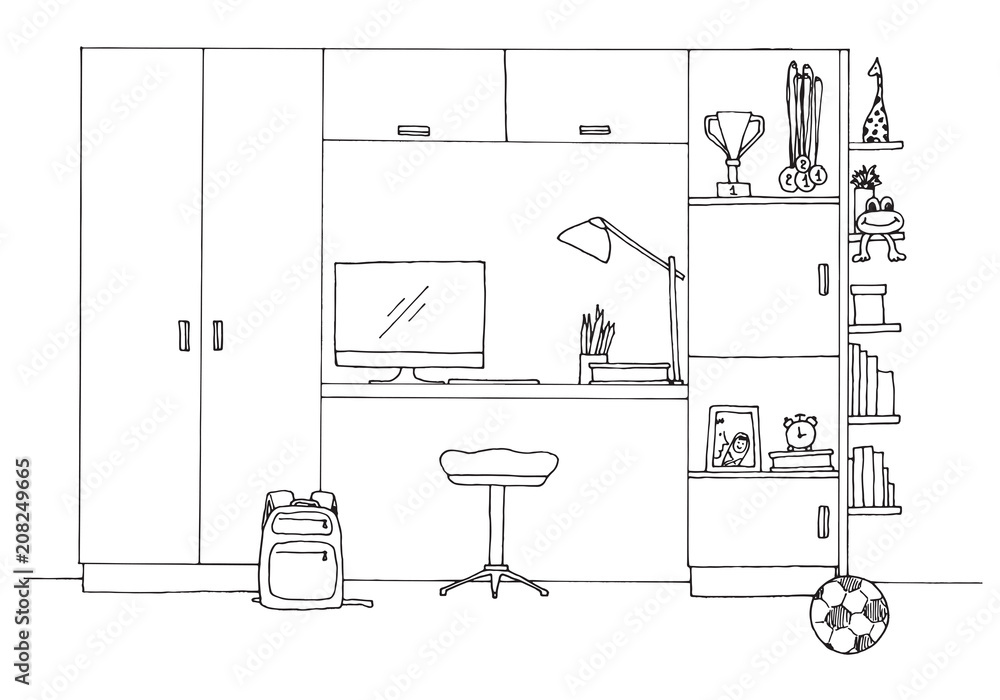 Sketch of a children's room. Teenager's room. Vector illustration Sketch of a children's room. Teenager's room. Vector illustration