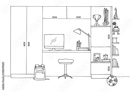 Sketch of a children's room. Teenager's room. Vector illustration