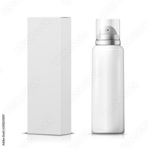 Vector set - 3d realistic foam bottle with paper package box. Mock-up for product package branding.