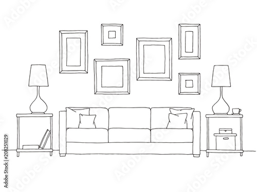 Linear sketch of an interior. Hand drawn vector illustration of a sketch style.