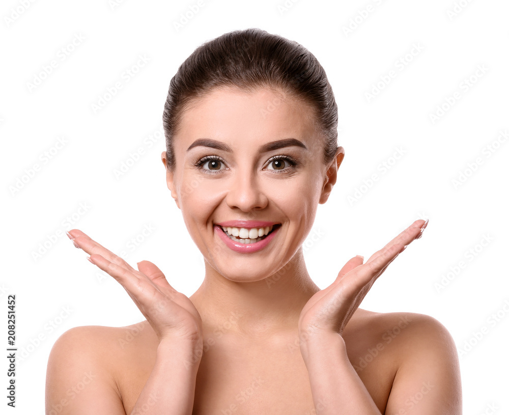 Beautiful young woman with silky skin after spa treatment on white background Beautiful young woman with silky skin after spa treatment on white background