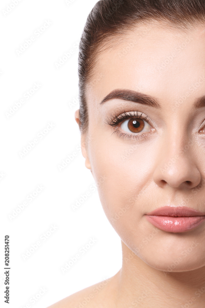 Beautiful young woman with silky skin after spa treatment on white background Beautiful young woman with silky skin after spa treatment on white background