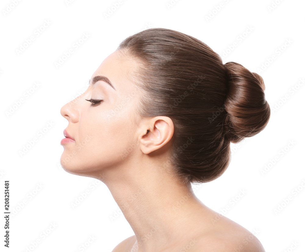 Beautiful young woman with silky skin after spa treatment on white background Beautiful young woman with silky skin after spa treatment on white background