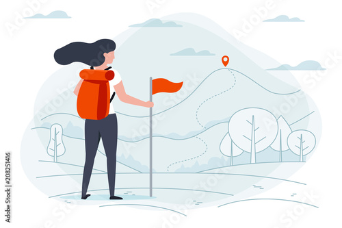 Vector illustration - camping girl. Park, forest, trees, mountains on background. Banner, poster template with place for your text.