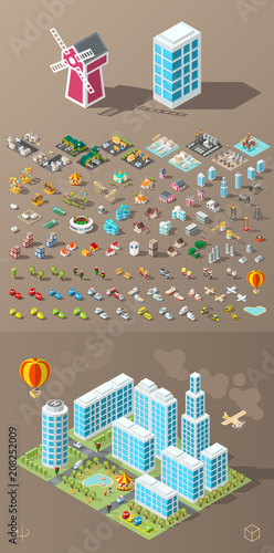 Build Your Own City . Set of Isolated Minimal City Vector Elements on Dark Background