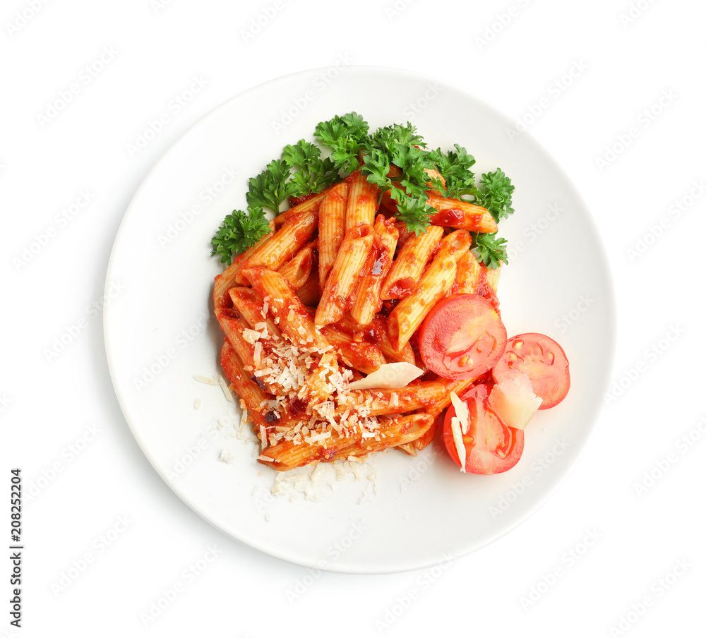 Plate with delicious penne pasta and garnish on white background Plate with delicious penne pasta and garnish on white background
