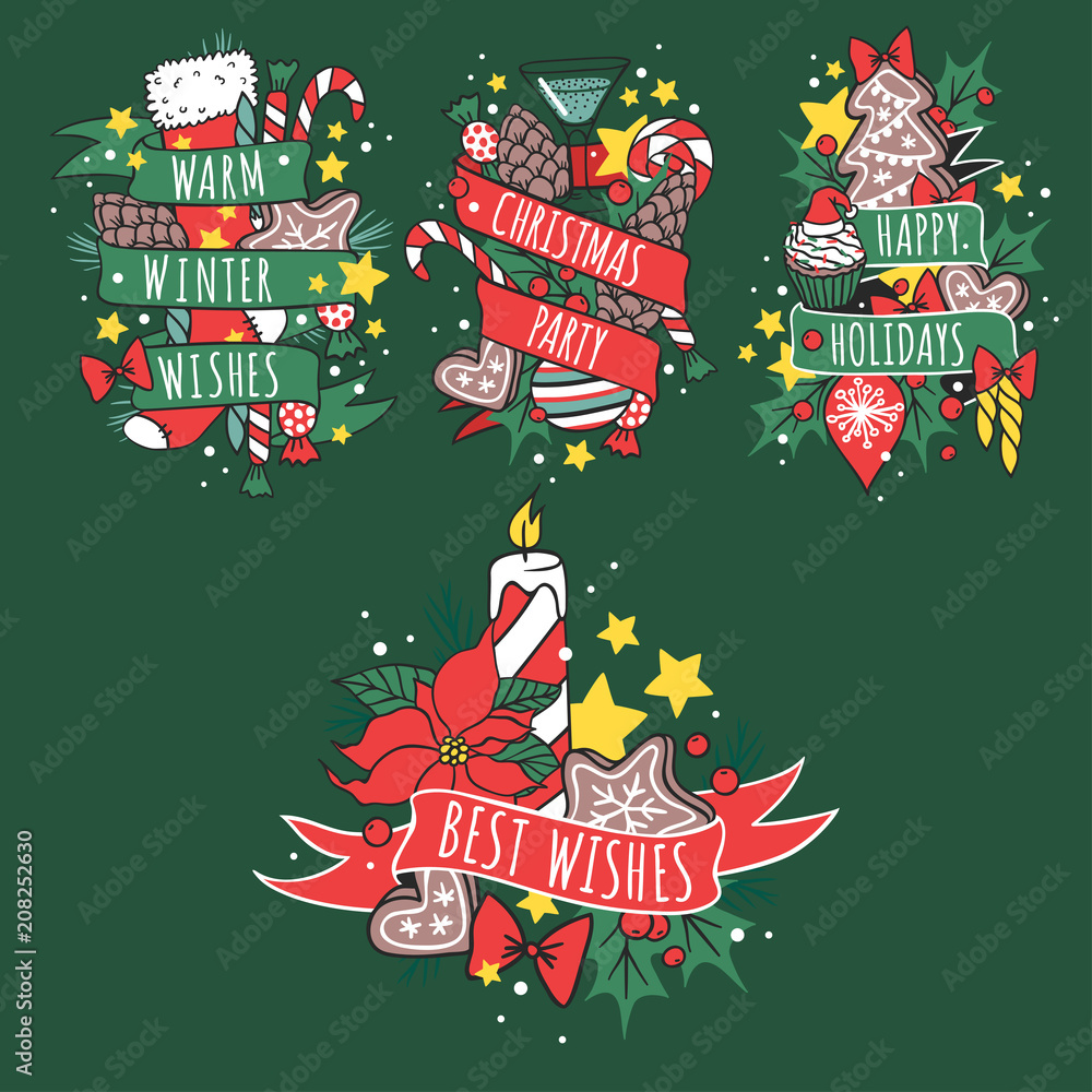 Christmas hand drawn tape badges style holiday season decoration vector logo illustration. Christmas hand drawn tape badges style holiday season decoration vector logo illustration.