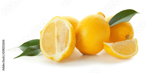 Tasty ripe lemons on white background