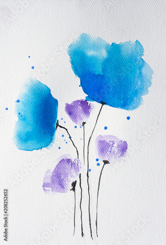 Blue wildflowers watercolor painting on paper using paint brushes