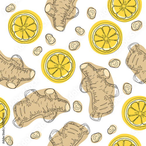 Ginger roots with lemon. Hand draw ingredient for warming tea. Whole and sliced ginger roots with lemon. Vector seamless pattern