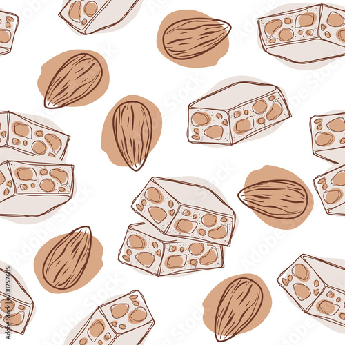 Nougat with almond seamless pattern. Vector illustration.