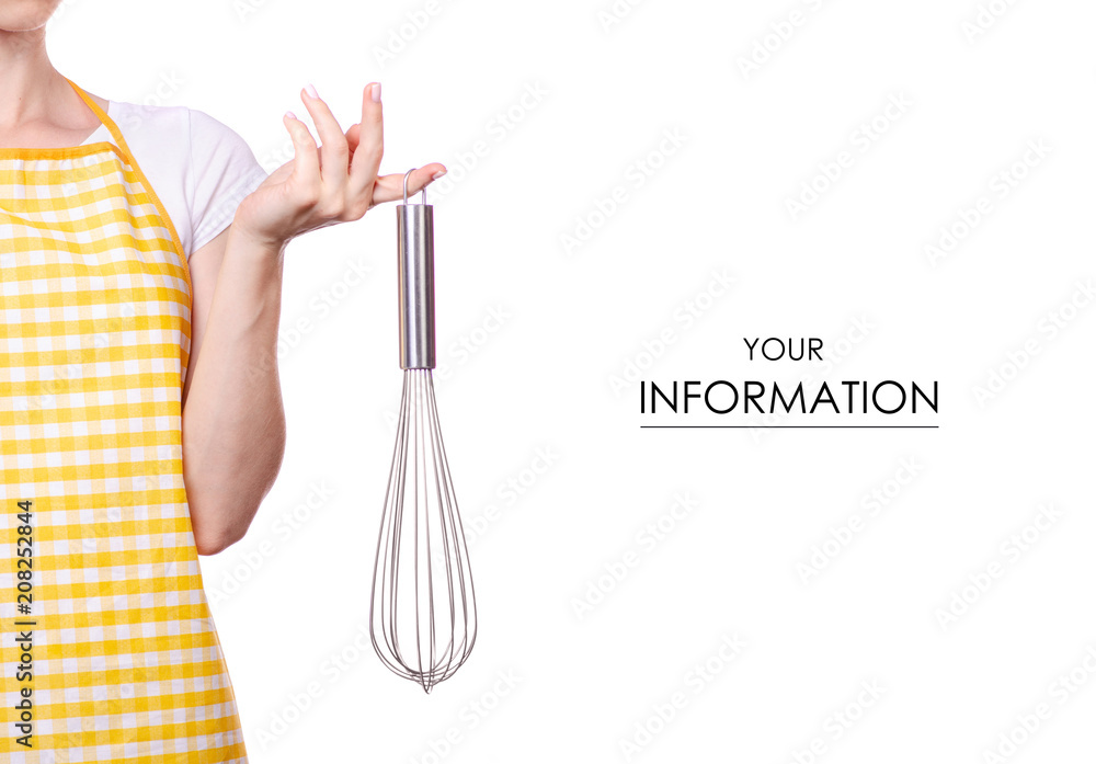 Woman in apron in hands whisk pattern on white background isolation Woman in apron in hands whisk pattern on white background isolation