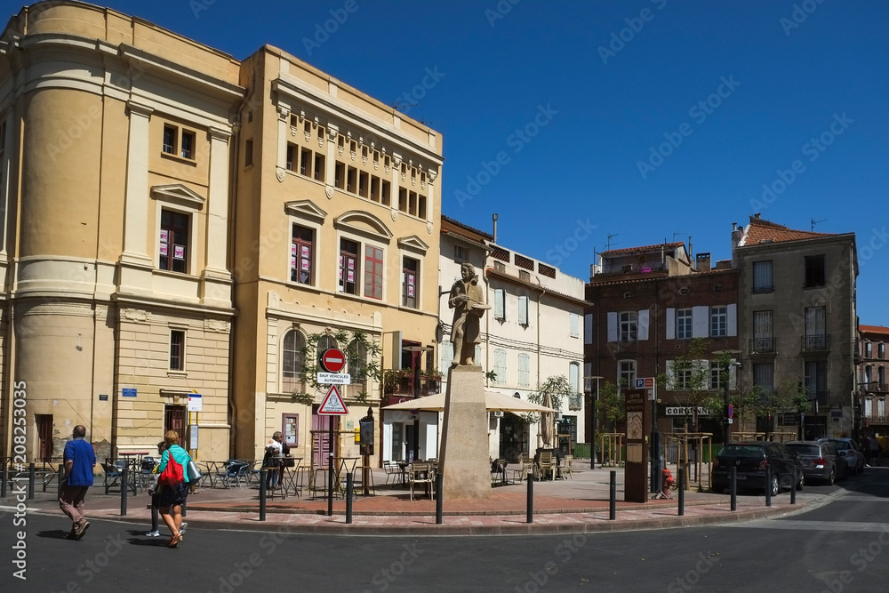 Wide square in the center of Perpignan city, Languedoc-Roussillon, France