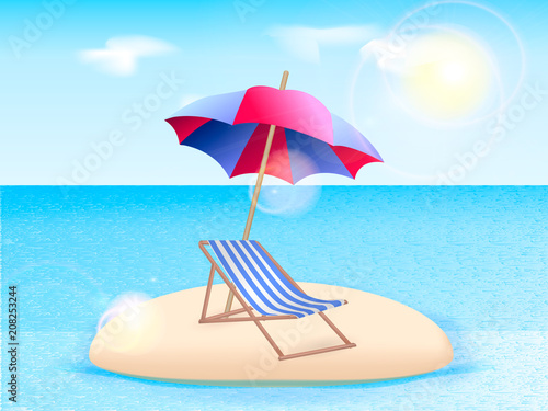 Fototapeta Naklejka Na Ścianę i Meble -  Chaise longue with a beach umbrella on the island. Vector illustration
