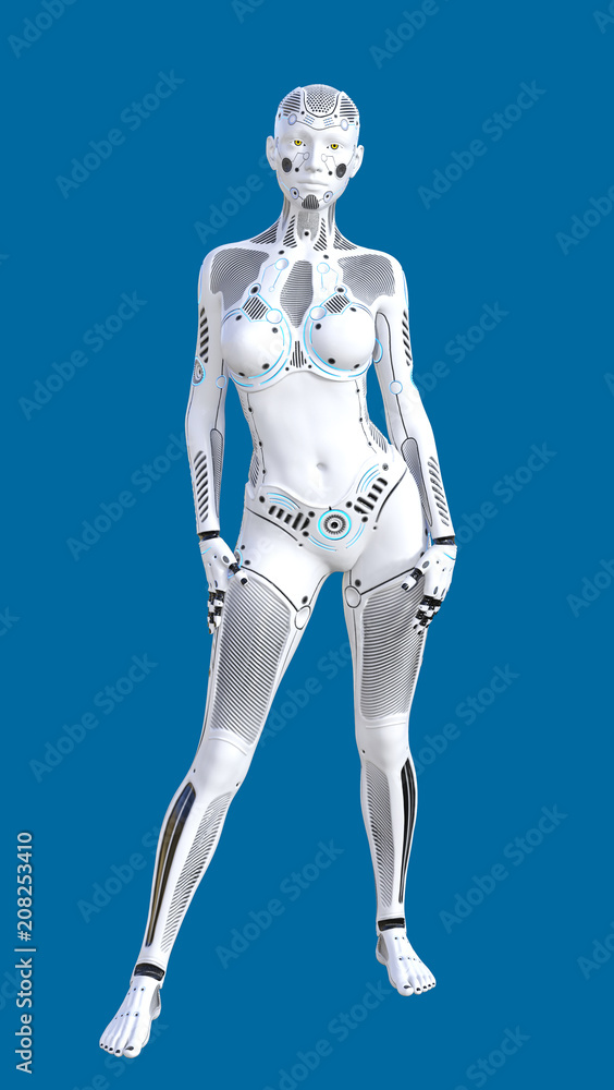 3D Illustration of Futuristic White Female Human Robot on Blue Chroma Key Background for Easy Editing