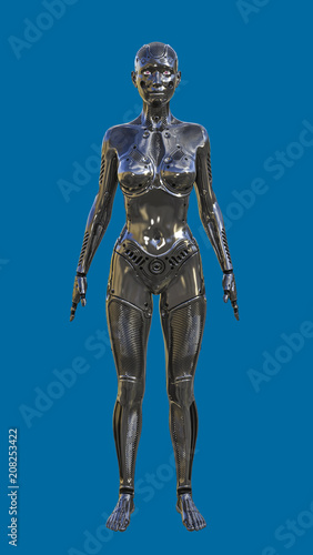 3D Illustration of Futuristic Black Female Human Robot on Blue Chroma Key Background for Easy Editing