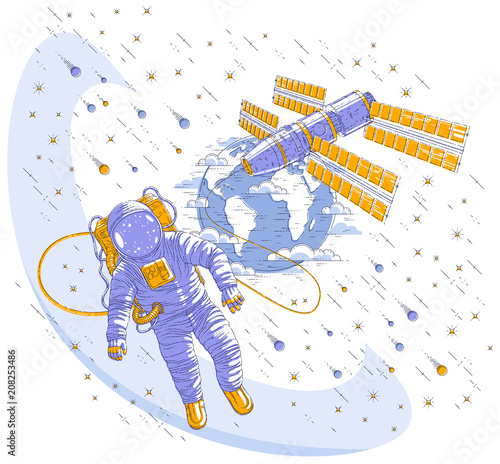 Astronaut flying in open space connected to space station and earth planet in background, spaceman in spacesuit floating in weightlessness and iss spacecraft, stars and other elements. Vector.