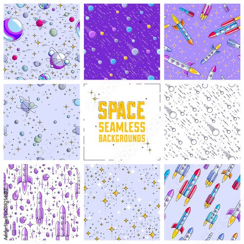 Set of seamless space backgrounds with rockets, planets, asteroids, comets, meteors and stars, undiscovered deep cosmos fantastic textiles fabric for children, endless tiling pattern, vector.