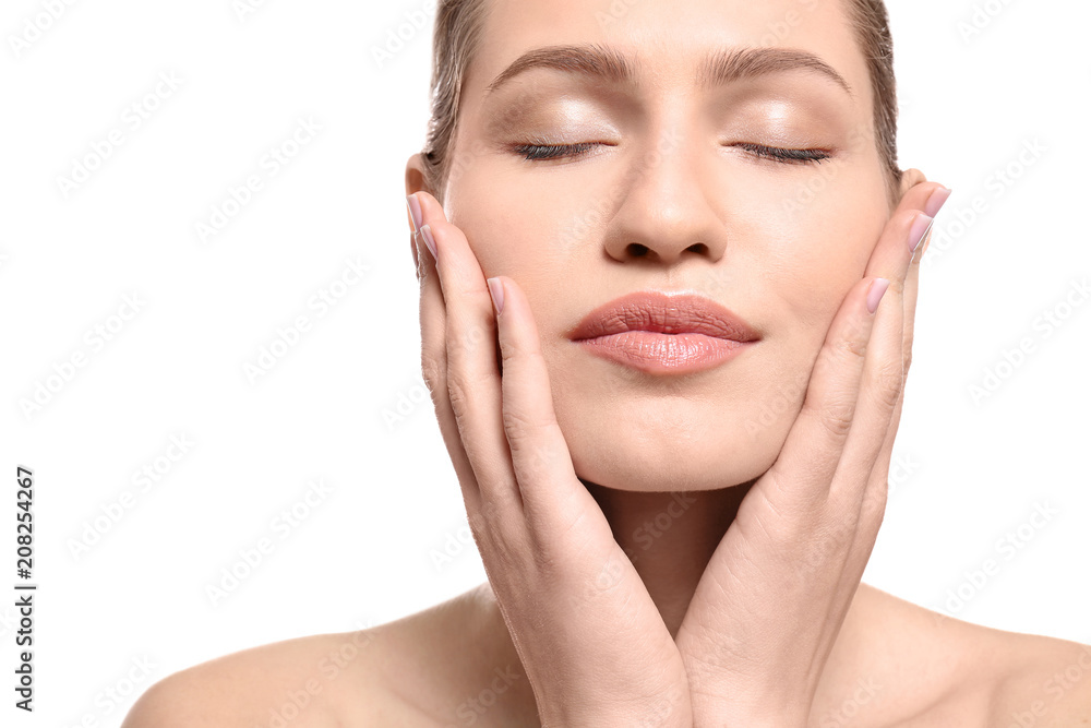 Beautiful young woman with natural makeup on white background, closeup Beautiful young woman with natural makeup on white background, closeup