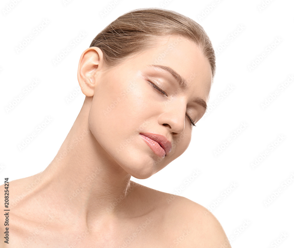 Beautiful young woman with natural makeup on white background Beautiful young woman with natural makeup on white background