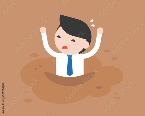 Businessman asking for help because he was trapped in quicksand like mud, flat design