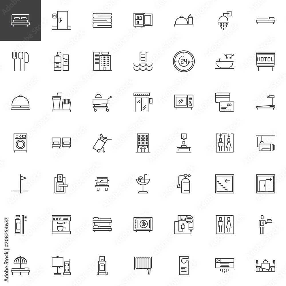 Hotel outline icons set. linear style symbols collection, line signs pack. vector graphics. Set includes icons as Double Bed Room, Towels, Mini bar, Room Service, Customer service, Bell Reception Hotel outline icons set. linear style symbols collection, line signs pack. vector graphics. Set includes icons as Double Bed Room, Towels, Mini bar, Room Service, Customer service, Bell Reception
