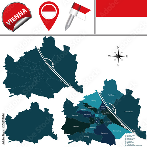 Map of Vienna, Austria with Named Districts