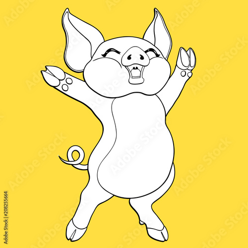 Joyful pig contour on yellow