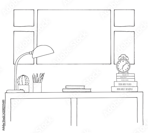 Sketch of the interior. A table, a bedside table, a shelf with various interior items. Can be used as a mock up.