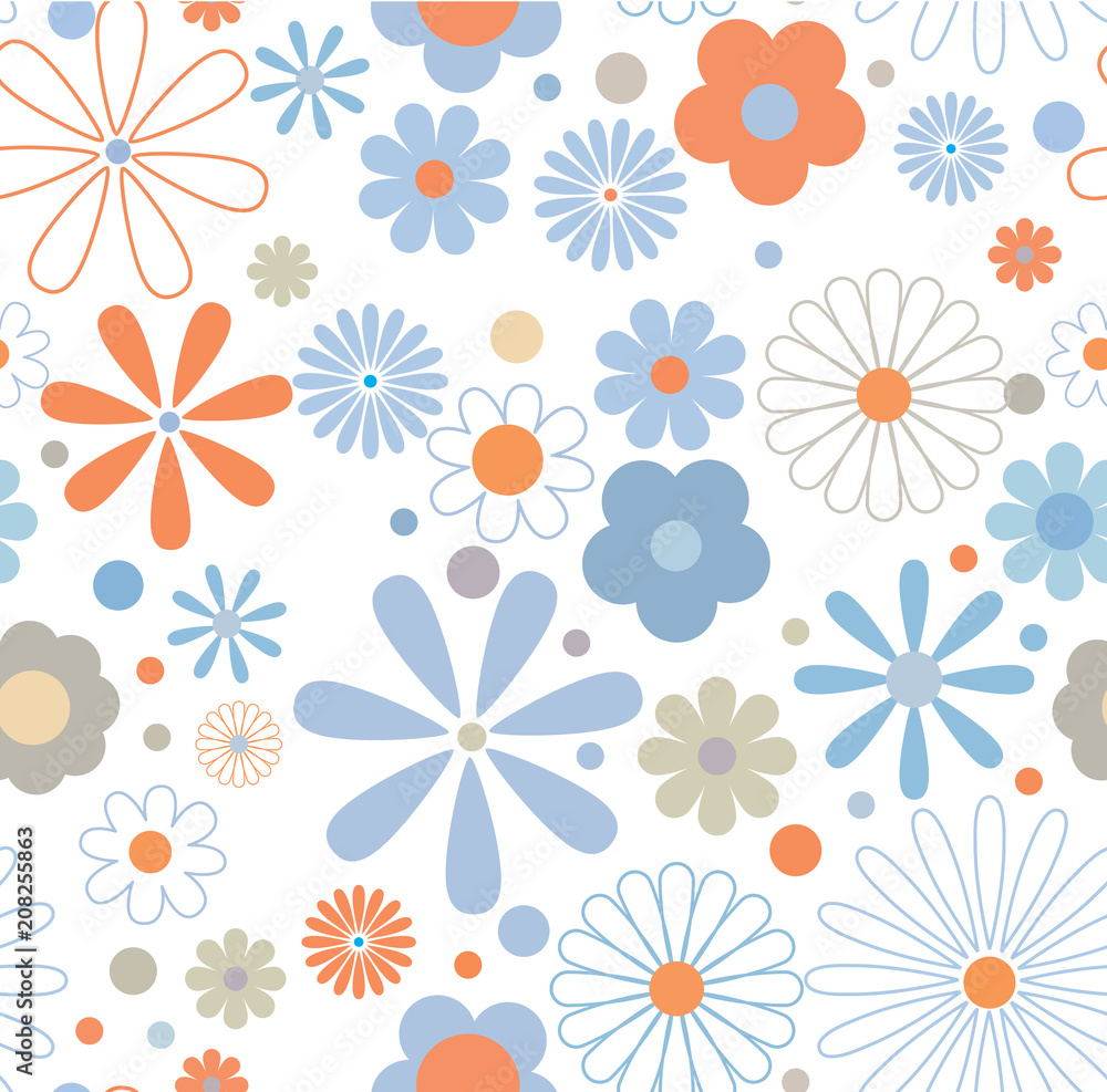 Multicolored funky flowers retro pattern on white background