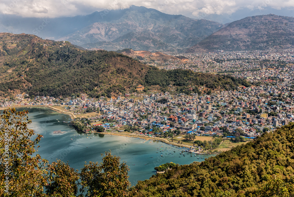 An aerial view of the city of Pokhara in central Nepal.  Pokhara is known as a gateway to the Annapurna Circuit, a popular trail in the Himalayas.