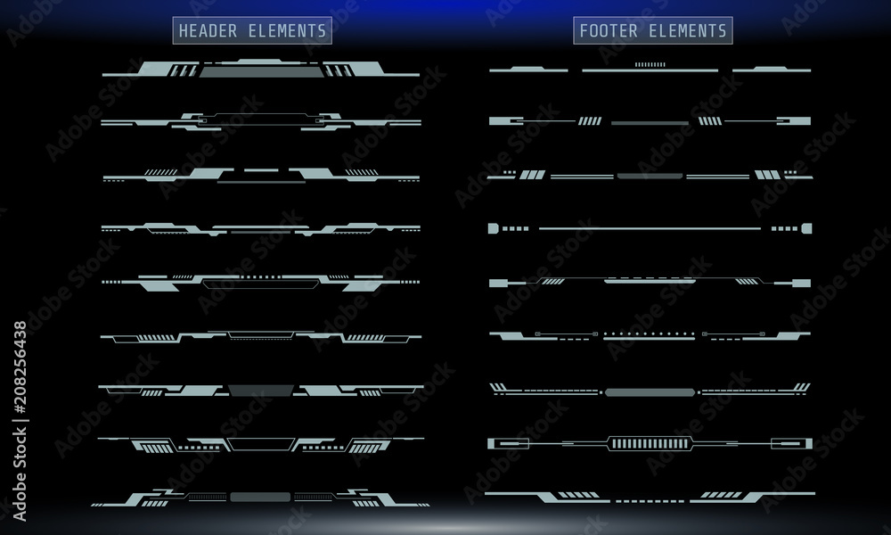 HUD Futuristic Header And Footer Elements Set For UI Inforgraphic Vector. Gray Abstract Future Cyber Hologram Bar Shape Illustration. HUD Futuristic Header And Footer Elements Set For UI Inforgraphic Vector. Gray Abstract Future Cyber Hologram Bar Shape Illustration.