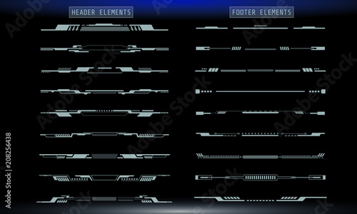 HUD Futuristic Header And Footer Elements Set For UI Inforgraphic Vector. Gray Abstract Future Cyber Hologram Bar Shape Illustration.